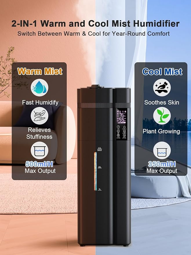 Zeova 13L/3.4Gal Humidifiers for Bedroom, Ultrasonic Warm & Cool Mist Humidifier Large Room, Covers 800ft², 72H Runtime, 24H Timer, 3 Mist Modes Top Fill Quiet Humidifiers for Home, Office, Black