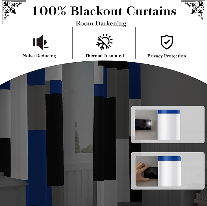 Royal Blue 100% Blackout Curtains for Bedroom 108 inch Extra Long 2 Panels Set Navy Blue Grey Modern Abstract Geometric Black Out Curtains Room Darkening Window Drapes for Living Room, 52Wx108L