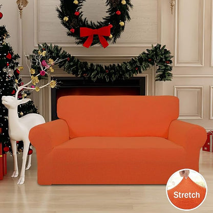 Easy-Going Stretch Loveseat Slipcover 1-Piece Sofa Cover Furniture Protector Couch Soft with Elastic Bottom for Kids Polyester Spandex Jacquard Fabric Small Checks (Loveseat, Orange)