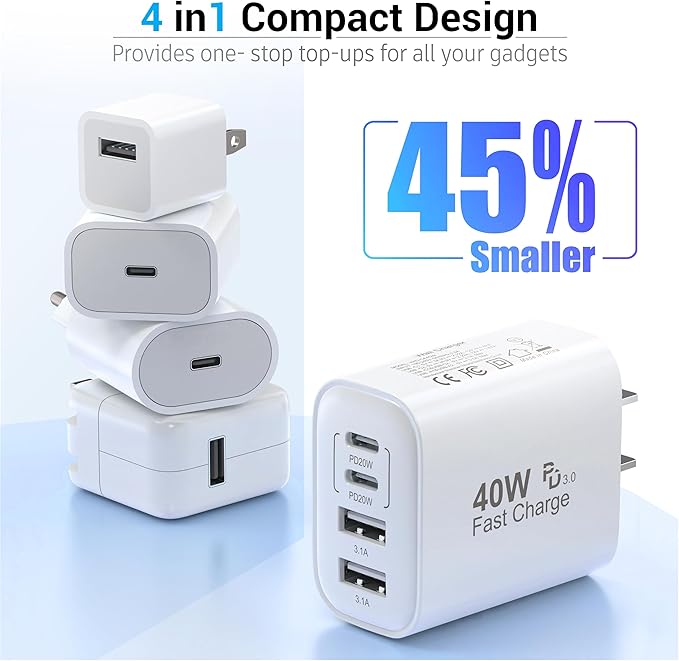 USB C Charger Block, 40W 4 Ports USB-C Wall Charger Plug Fast Charging, for iPhone Charger, QC Multiport Adapter, USB A Type C Box Brick Cube for iPhone 17 16 15 14 13 12 Pro Max, Samsung Galaxy