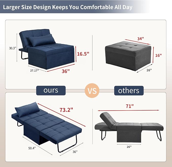 Sofa Bed, 4 in 1 Multi-Function Modern Folding Ottoman Convertible Bed - Image 2