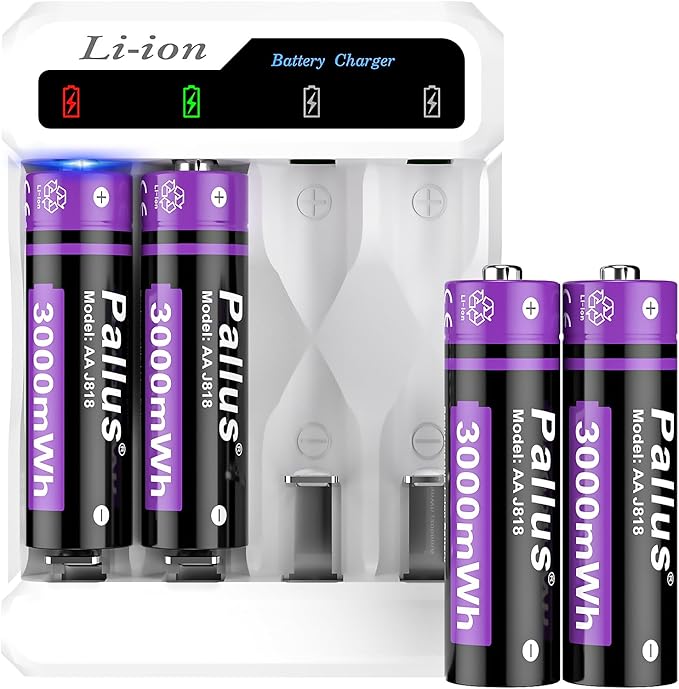 Pallus Rechargeable Lithium AA Batteries with Charger - 4 Pack 1.5v Constand Voltage Double A Battery, 3000mWh AA Rechargeable Batteries for Blink Camera, Cycles 1600x, Ideal for High-Drain Devices