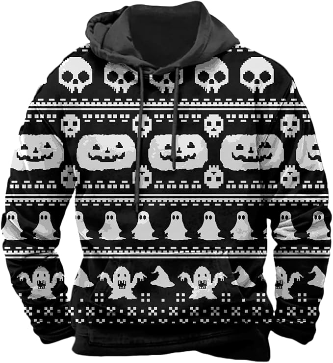 Halloween Hoodie Men Graphic Pumpkin Ghost Printed Sweatshirt Casual Trendy Long Sleeve Halloween Hooded Tops with Pockets