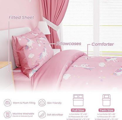 SANDJEST Unicorn Comforter Set Twin Size 68x86in for Kids Girls, Microfiber 3 Pcs Bedding Set Includes 1 Comforter, 1 Pillowcase, 1 Fitted Sheet, Nursery Room Decor