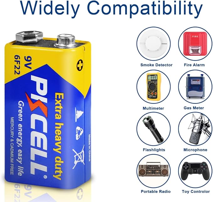 PKCELL 9V Batteries, 10 Pack 9 Volt Batteries Carbon Zinc, 9V Battery for Smoke Detector, Alarms, 6F22 Square Battery