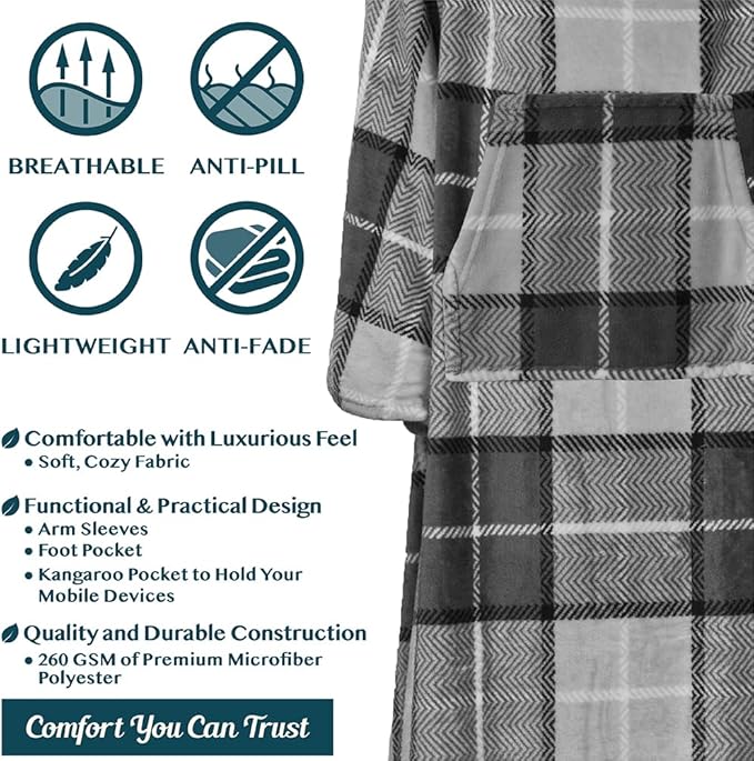 PAVILIA Fleece Blanket with Sleeves, Foot Pockets for Women Men Adults, Plush Wearable Blanket Throw Wrap, Warm Snuggle Blanket Robe, Cozy Gift Ideas Wife Mom, Plaid Dark Gray