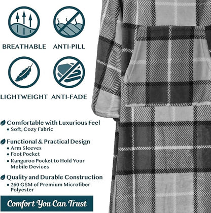 PAVILIA Fleece Blanket with Sleeves, Foot Pockets for Women Men Adults, Plush Wearable Blanket Throw Wrap, Warm Snuggle Blanket Robe, Cozy Gift Ideas Wife Mom, Plaid Dark Gray