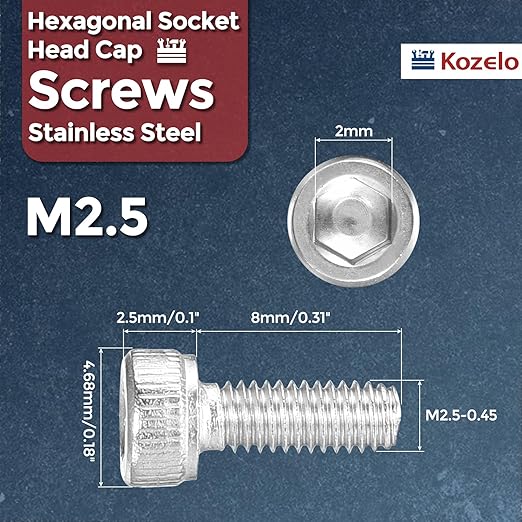 Kozelo 50pcs Socket Head Cap Screws - [M2.5-0.45 x 8mm] 304 Stainless Steel Allen Socket Drive for Electrical Motor 3D Printing Fan Engine Replacement Use, Silver