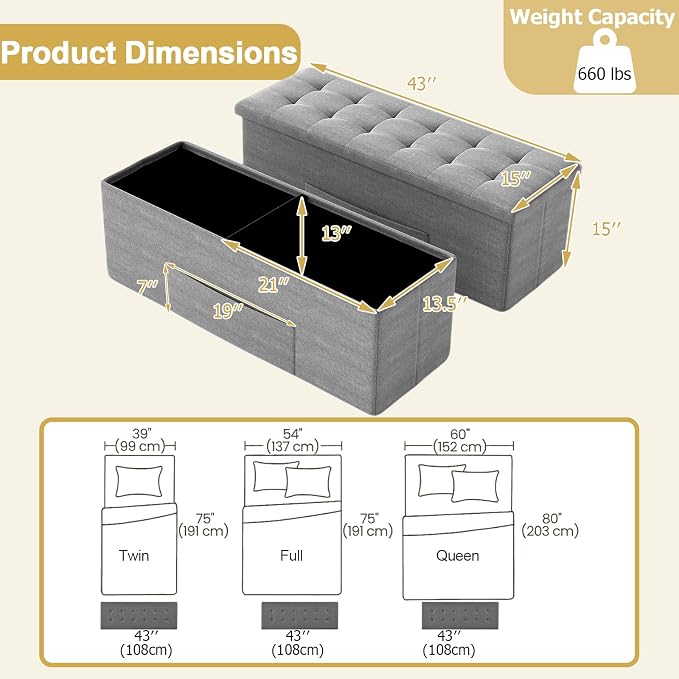 43" Folding Storage Ottoman Bench, End of Bed Foot Rest Stool - Image 3