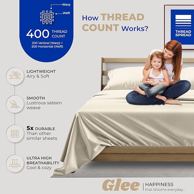 THREAD SPREAD 100% Cotton Twin Sheet Set - 400 Thread Count, 3 PC, Cooling & Luxury Sateen, 16" Deep Pocket, Breathable for Dorm Room (Ivory)