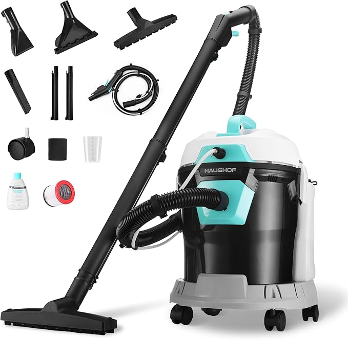 HAUSHOF 4 Gallon 5.5 Peak HP Wet/Dry Vacuum Upholstery Cleaner, Portable Shop Vacuum with 1-1/4 Inch Diameter x 5 Foot Hose, 13 Foot Cord, Ideal for Home, Workshop, and Garage Cleaning