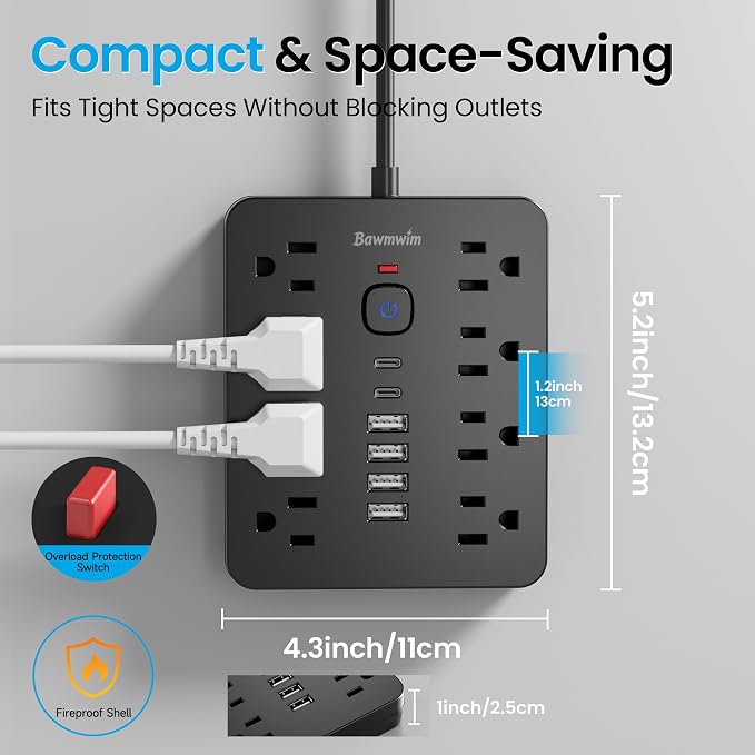Surge Protector Power Strip, 8 Outlets, 6 USB Charging Ports, 10FT Flat Plug - Image 6