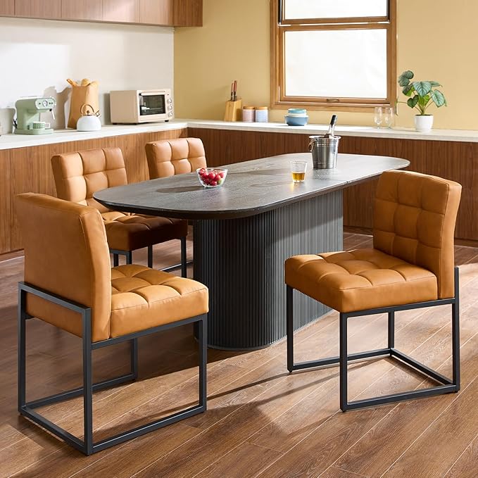 Brown Faux Leather Dining Chairs Set of 2, Mid-Century Modern Dining Room Chairs with Armless, Checkered Kitchen Chair with Metal Legs
