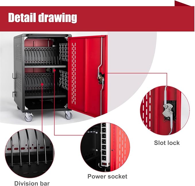 VOOTOLOVER 32 Bay Mobile School Charging Cart Station, Black Cart for Chromebook/Tablet/Laptop, with Power Strip, Lockable Doors, 2 Locking Casters & Ventilated Panels, 20" W×20" D×34.06" H