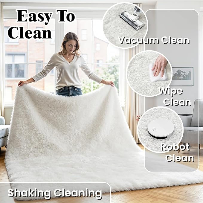 5x7 Fluffy Area Rug for Living Room: Soft Non-Slip White Bedroom Carpet | Ultra - Image 6