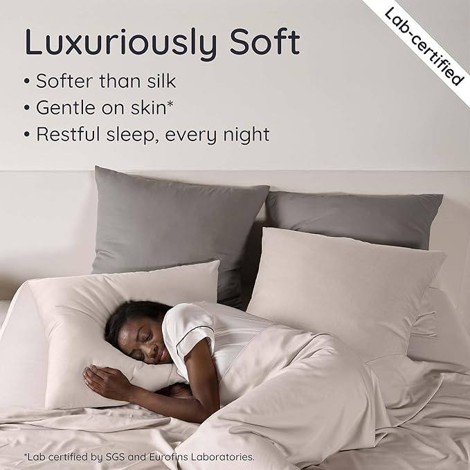 Bambaw 100% Viscose Derived from Bamboo Sheets Queen Size Set – 4pcs Cooling Sheets for Hot Sleepers, Soft Deep Pocket Queen Sheet Set Fits Up to 16'' with Elastic Corner Straps (Sand)