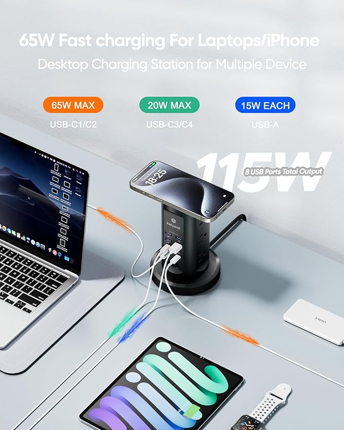 Kakyanill 115W USB Charging Station, Surge Protector Power Strip Tower, 9 AC Outlets with 8 USB Ports(4 USB-C), 6Ft Flat Plug Retractable Extension Cord, for Home Office Dorm, Black
