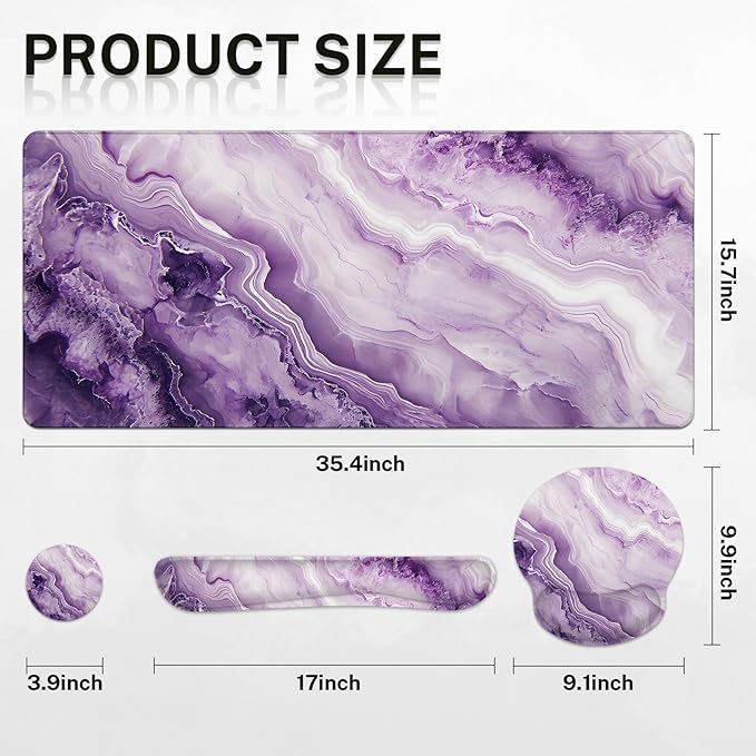 Britimes Purple Pink Marble Gold Keyboard Mouse Pad Set 4in1 Large Mousepad+Keyboard Wrist Rest+Mouse Wrist Rest+Coaster Ergonomic Design for Home Office Computer 35.4x15.7 inches
