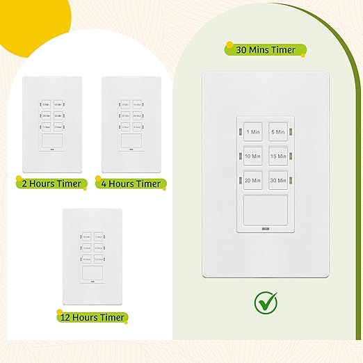 TG 30 Minute No Neutral Wire Countdown Timer Switch, 1-5-10-15-20-30 Min, for Bathroom Fans, Heaters, Lights, LED Indicator, 120VAC 800W, UL Listed, Screwless Wall Plate, White