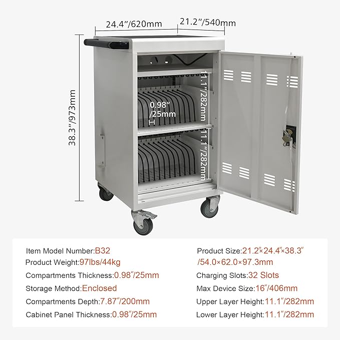 Aokleo Laptop Charging Cart,32 Devices Tablet Storage Carts for Pad Up to 16.3" Screen Size, Classroom Computer Mobile Charging Station for Pads,Chromebooks,Laptops,Security Storage (30+2 Bay-White)