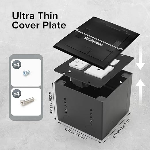 Vagueior Recessed Flat Hidden Floor Electrical Outlet Box Kit,Stainless Steel Cover with 2 * 20A+ 1 * 15A Receptacle Outlet,+2 * 5V/4.8A USB Port+1*RJ45 Port,UL Certified,Black