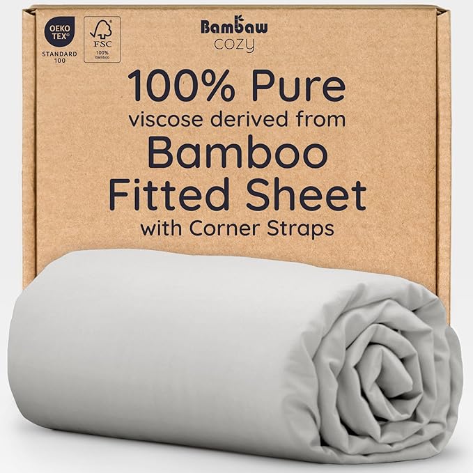Bambaw 100% Viscose Derived from Bamboo Fitted Sheet Queen Size, Cooling Fitted Sheet Queen Size, 16’’ Pocket Fitted Sheet with Elastic Corner Straps, Queen Size Fitted Sheet Only (Moonlight Gray)