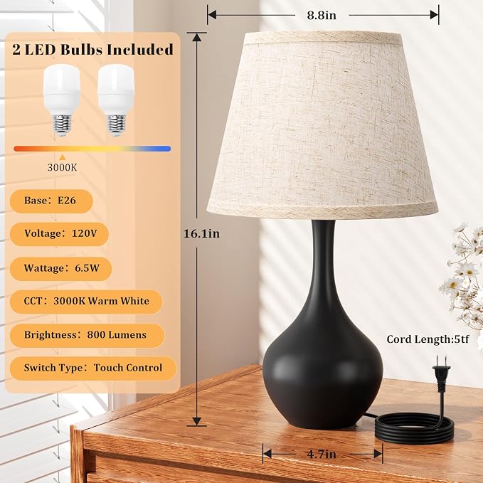 16.1" Touch Table Lamp for Nightstand, Dimmable Small Bedroom Lamp Set of 2 | - Image 5