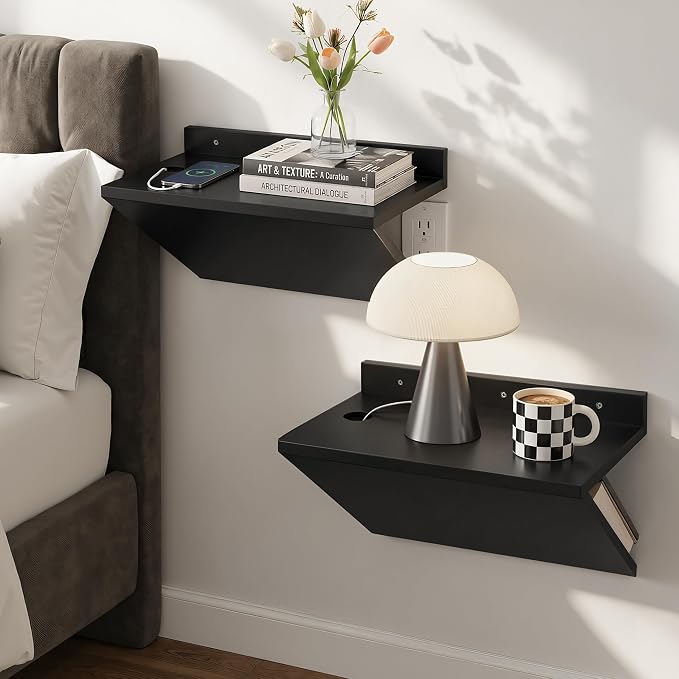 Floating Nightstand Set of 2 Black Wood Bedside Table Wall Mounted | Z-Shape by Petrala