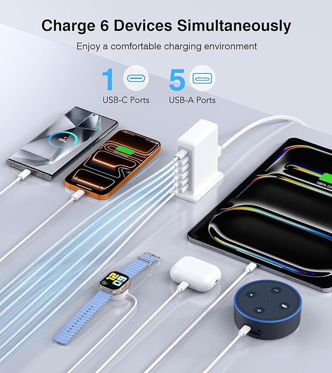 USB Charger Block, 45W 6-Port Charging Station for Multiple Devices, USB A and Type-C Charger Tower Fast Charging Dock Hub Power Strip for iPhone iPad Tablets Android Smartphones, Home Office Use