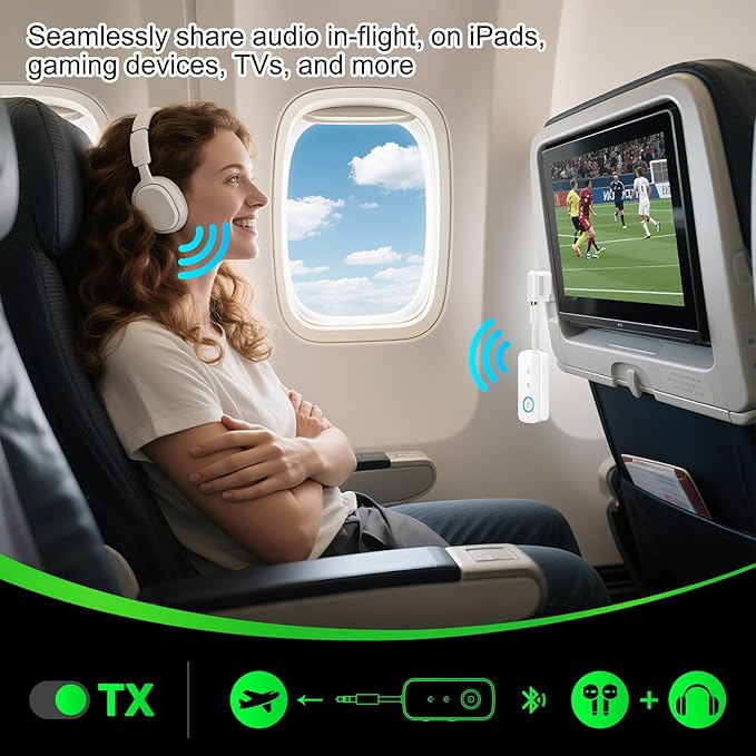 Premium Pro Bluetooth 5.4 Transmitter Receiver,Airplane Audio Adapter,Wireless Transmitter for TV/Travel Flight,Airline,Gym.Compatible with 2 AirPods/Headphones,Bluetooth Receiver for Car/Home Stereo