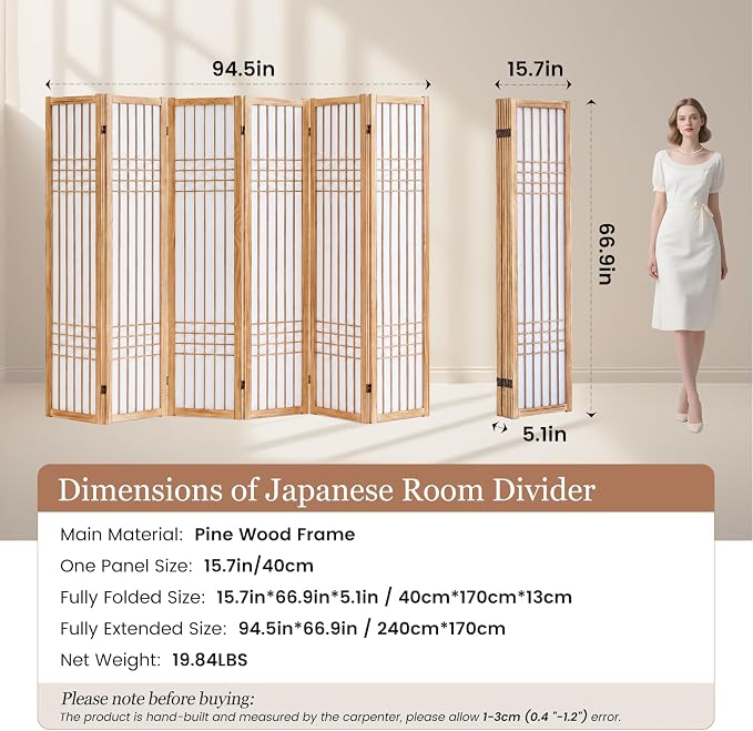 6 Panel Room Divider, 66.9" Tall Folding Privacy Screen, Natural | Shoji Screen - Image 7