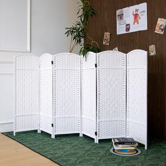 6-Panel Short Room Divider, 3.9 ft Freestanding Partition Wall, Natural White by Loomveil