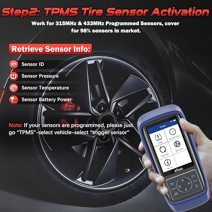 XTOOL TP150 TPMS Programming Tool, 2026 TPMS Relearn Tool, Activate/Relearn All Known TPMS Sensors, Program XTOOL TS100 Sensors (315/ 433MHz), TPMS Reset/Diagnosis