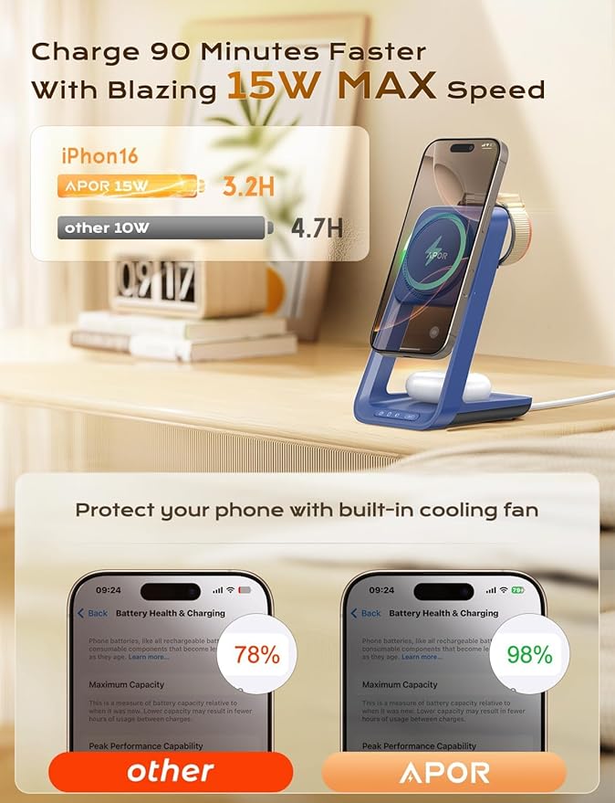 Apor 3 in 1 Charging Station for iPhone, Magsafe Wireless Charger with Cooling Fan for iPhone 17 16e 16 15 14 13 12 Series & Apple Watch Charger, Wireless Charging Station for AirPods 4/3/Pro (Blue)