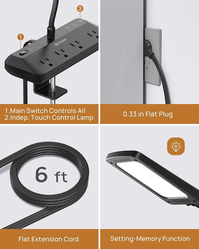 TROND LED Desk Lamp with Clamp Power Strip, 6ft Flat Plug Extension Cord | Eye - Image 5
