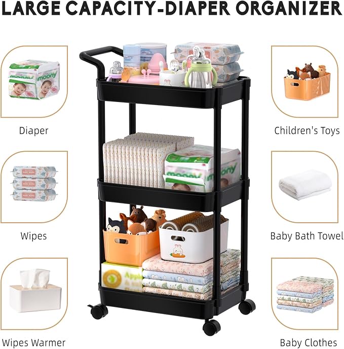 Volnamal Diaper Caddy, 3 Tier Rolling Cart - Image 6