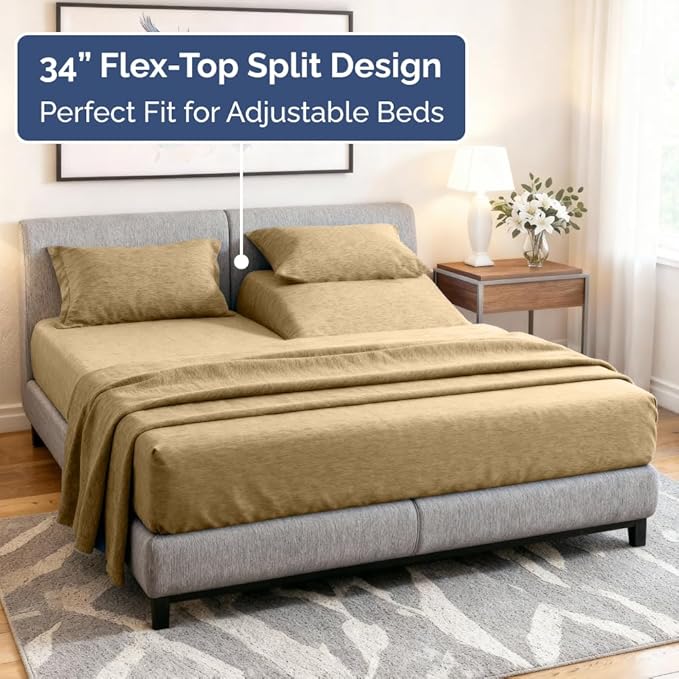 Split Head King Sheet Set – 4 Piece Flex Split Top King Sheets for Adjustable Beds - Fits 14” to 16" Mattress w/ Deep Pockets - Breathable & Cooling - Luxury Bedding and Wrinkle Free - Heathered Tan