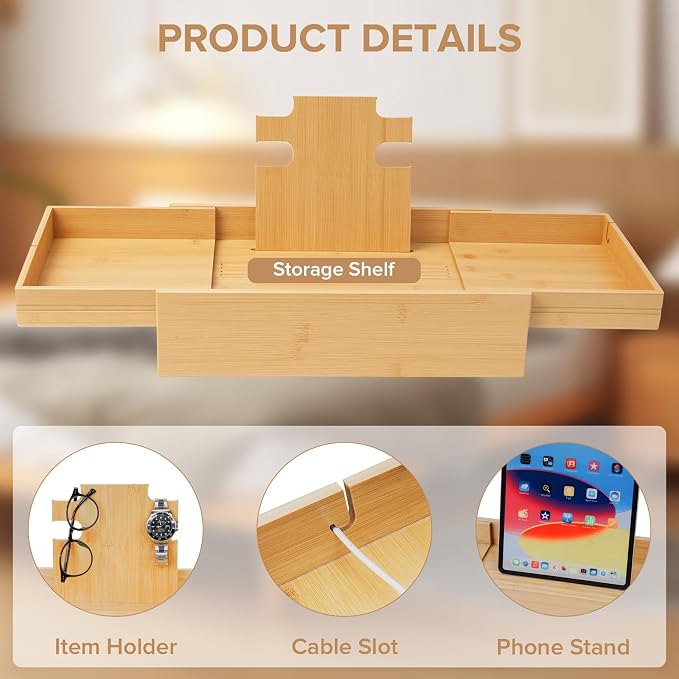 Bamboo Bedside Shelf with Expandable Tray, Clip-On Bunk Bed Nightstand - Image 4