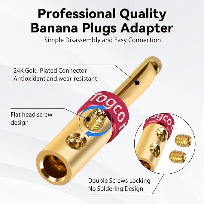 4mm Speaker Banana Plugs (6 Pairs, 12 Pcs),24K Gold Plated Banana Speaker Wire Banana Plugs Connectors for Speaker Wire, Wall Plate, Home Theater, Audio/Video Receiver, Amplifiers and Sound Systems