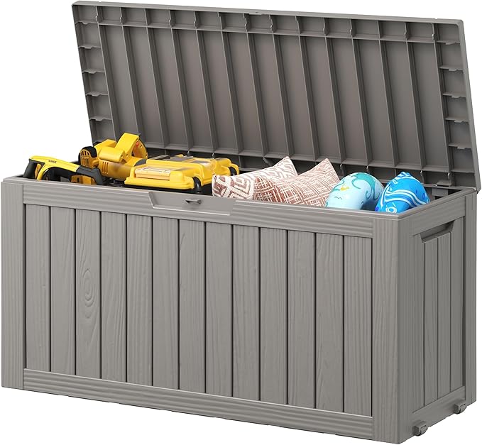 NUNU LAB Outdoor Storage Box, 80 Gallon Large Resin Sturdy Deck Box, Backyard Outside Storage Box Waterproof, Package Delivery Garden Hose Storage Bin Tool, Gray