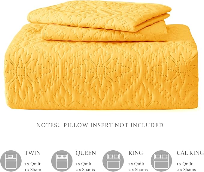 Exclusivo Mezcla King Quilt Set, Bright Yellow | Lightweight Soft Bedspreads - Image 6