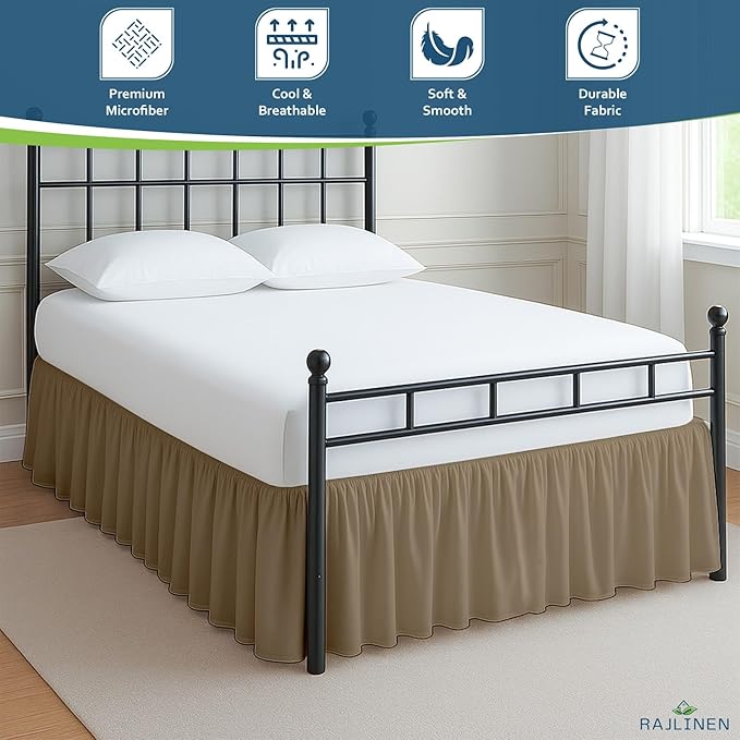 Rajlinen Ruffled Bed Skirt California King, 18 Inch Drop Dust Ruffle with Split Corners, 100% Microfiber Bedskirt with Platform, Three-Sided Coverage Ruffled Gathering Design, Taupe