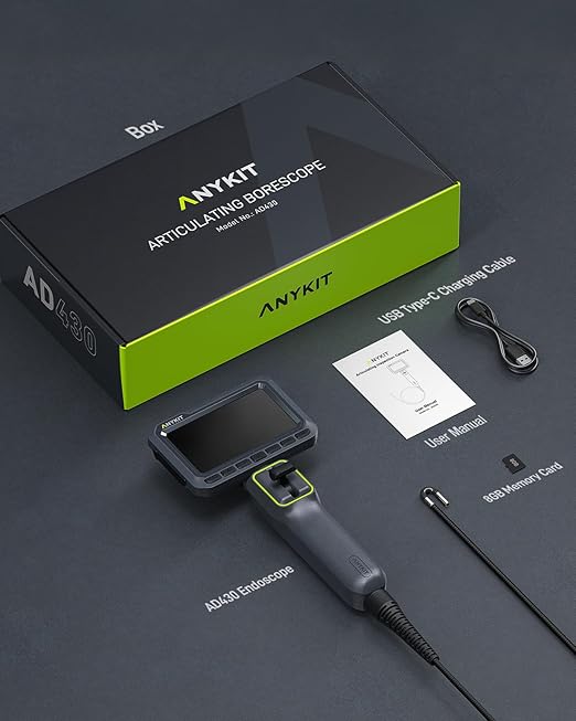 Anykit Articulating Borescope, 210° Two-Way 0.22in Slim Probe Endoscope with High-Brightness LED Lights, 4.3" IPS HD Video Inspection Snake Camera for Automotive Engine Inspect - 4FT