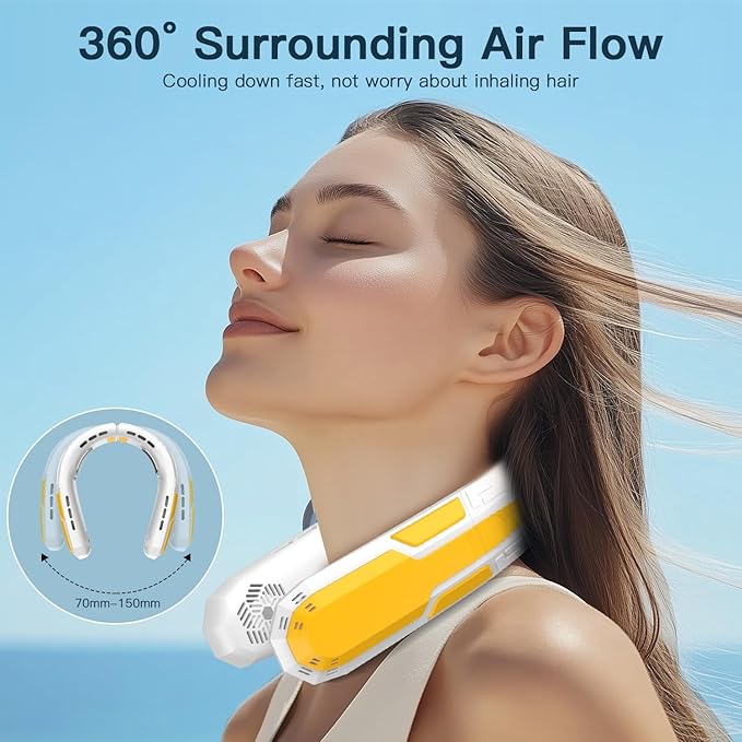 WXX Portable Neck Fan, 6000mAh Battery Neck Fan Rechargeable, 360° Cooling Personal Fan, 3 Speeds Foldable Quiet Wearable Fan for Travel Outdoor Indoor, Birthday Gifts for Men Women-White&Yellow
