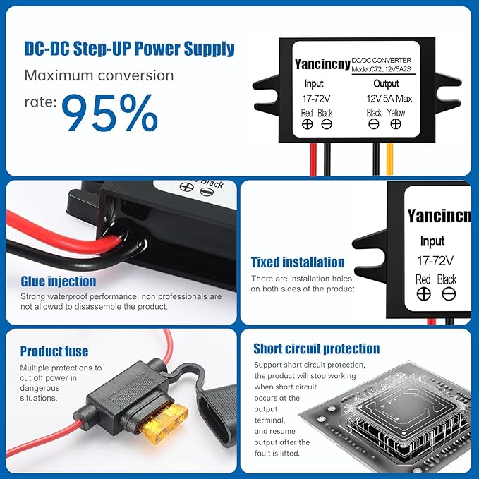 Yancincny DC 24V 36V 48V 60V 72V Step Down to 12V 5A 60W Converter Regulator Reducer Power Supply Module Buck Transformer, Waterproof DC 24V to 12V Converter with Fuse for Golf Cart