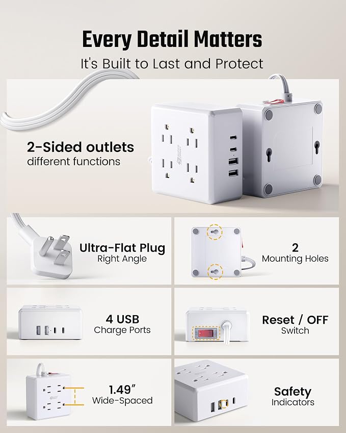 SUPERDANNY 5Ft Extension Cord, Flat Plug Power Strip Surge Protector | 900J - Image 8
