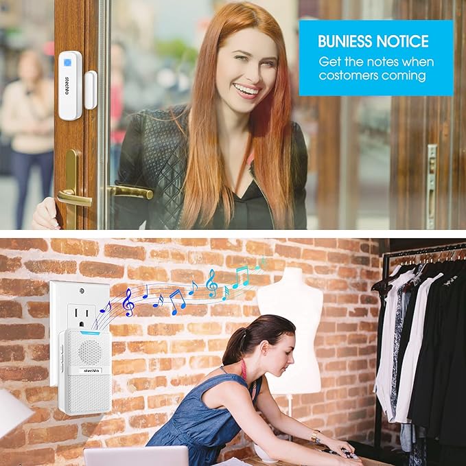 Door Chime, Wireless 600Ft Range 5 Levels Adjustable Volume Magnetic Door Open Contact Sensor with 62 Chimes Mute Mode Door Bell Plugin Receiver for Home/Office/Store White (1 Receiver + 2 Sensors)