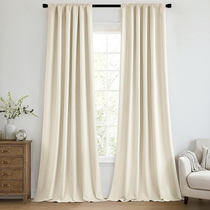 MIULEE 100% Blackout Back Tab Pleat Linen Curtains 50" Wx90 L, Light Cream | 2 by MIULEE