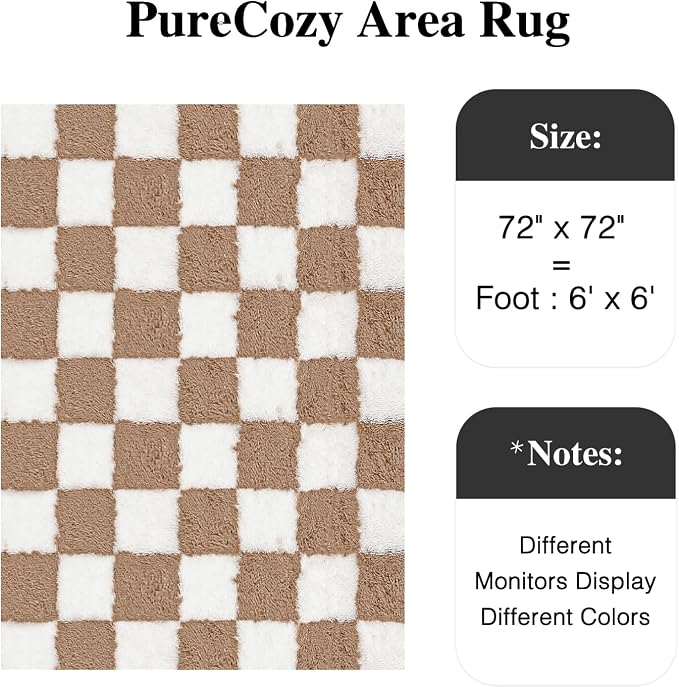 Brown Round Rug 6ft for Bedroom Soft Fluffy Checkered Shag Carpet | Machine - Image 2