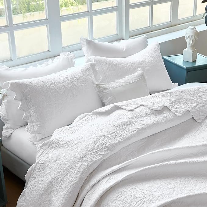 Brandream White Quilt Set King Size Quilt Bedding Set Cotton Luxury Matelasse - Image 2
